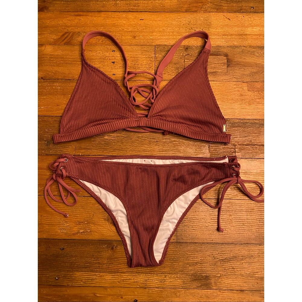 Victoria’s Secret PINK L bikini set brown lace up sexy triangle mini cheekster